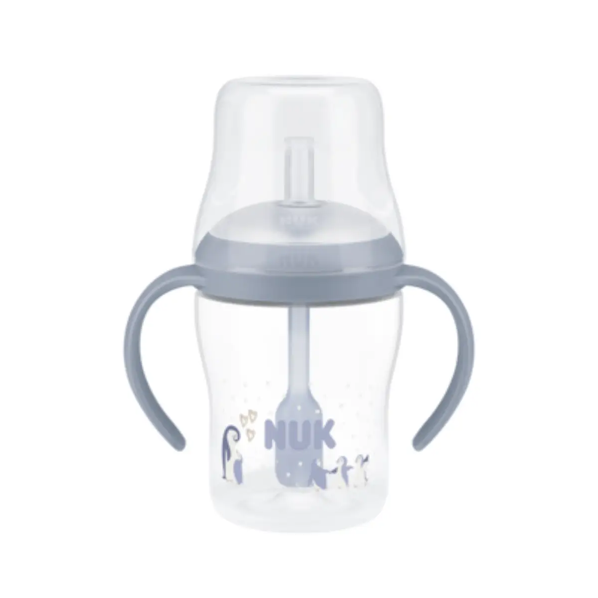 NUK Perfect Match-babyflaske med håndtag og sugerør, 150 ml, pingvin, 8 måneder+