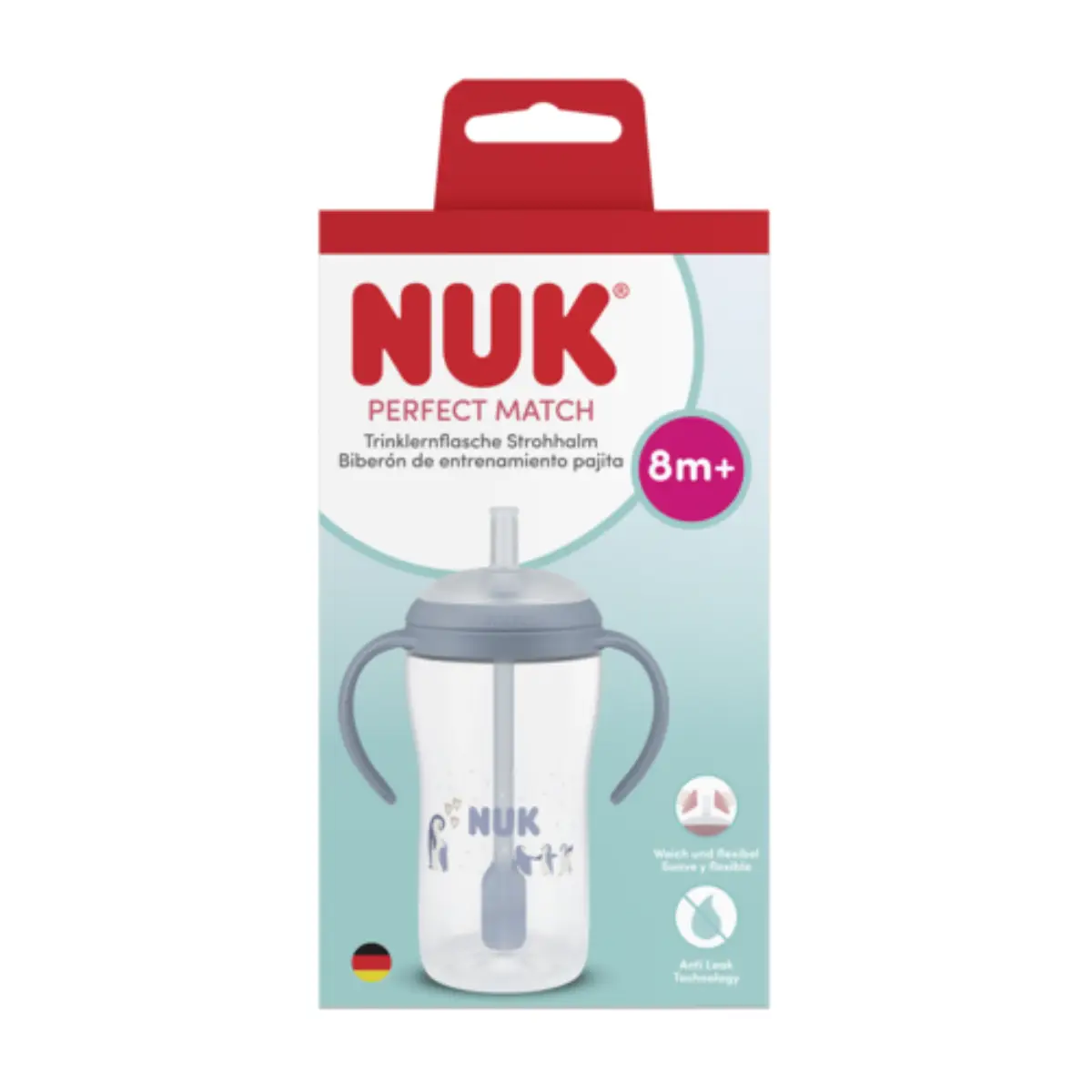 NUK Perfect Match-babyflaske med håndtag og sugerør, 260 ml, pingvin, 8 måneder+