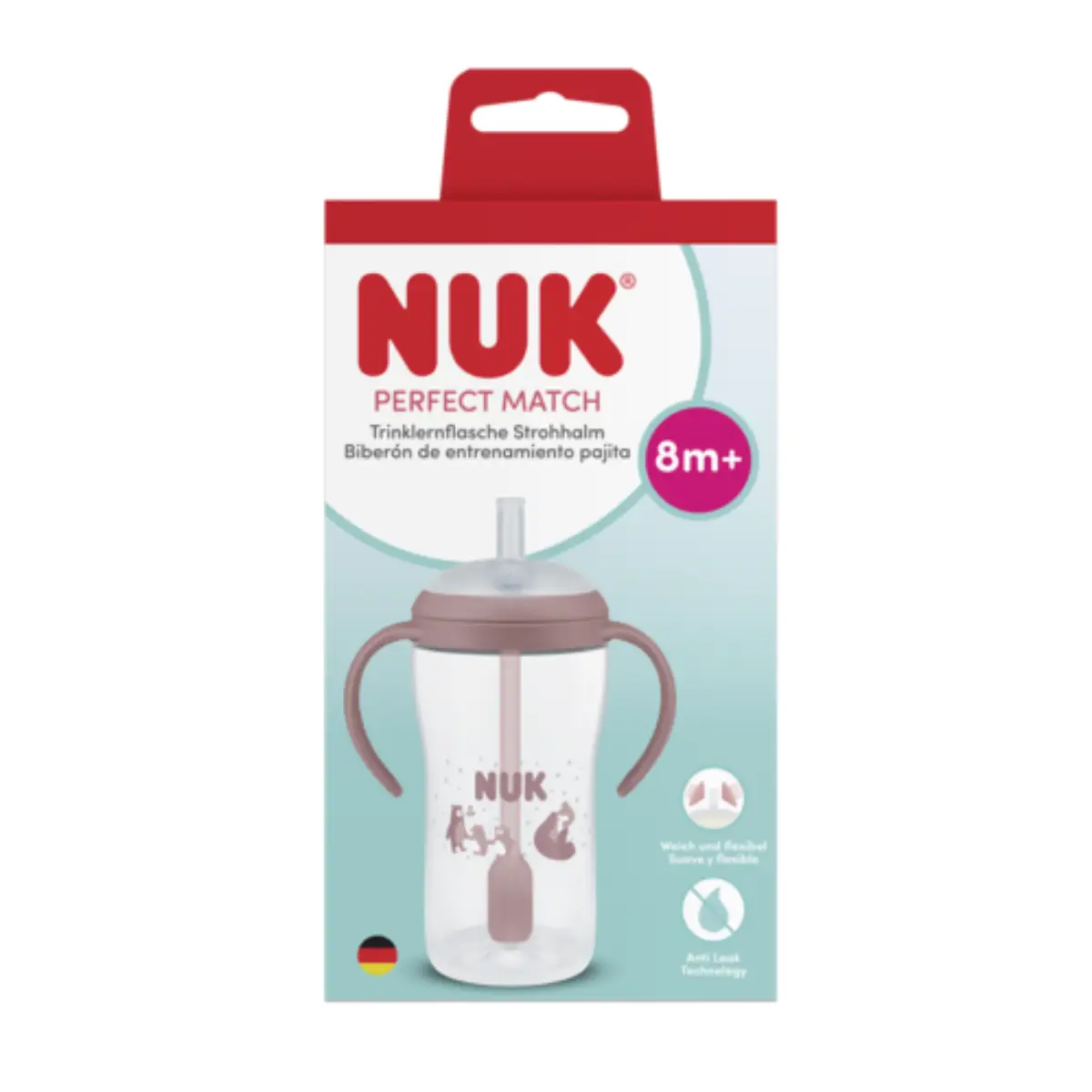 NUK Perfect Match-babyflaske med håndtag og sugerør 260 ml, bjørn, 8 måneder+