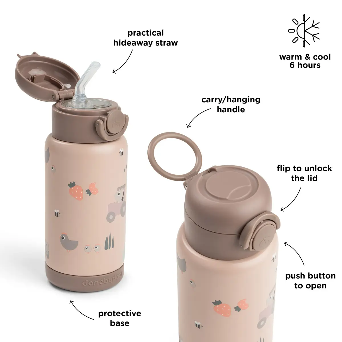 Done by Deer isoleret drikkeflaske med sugerør Tiny Farm Powder 340 ml
