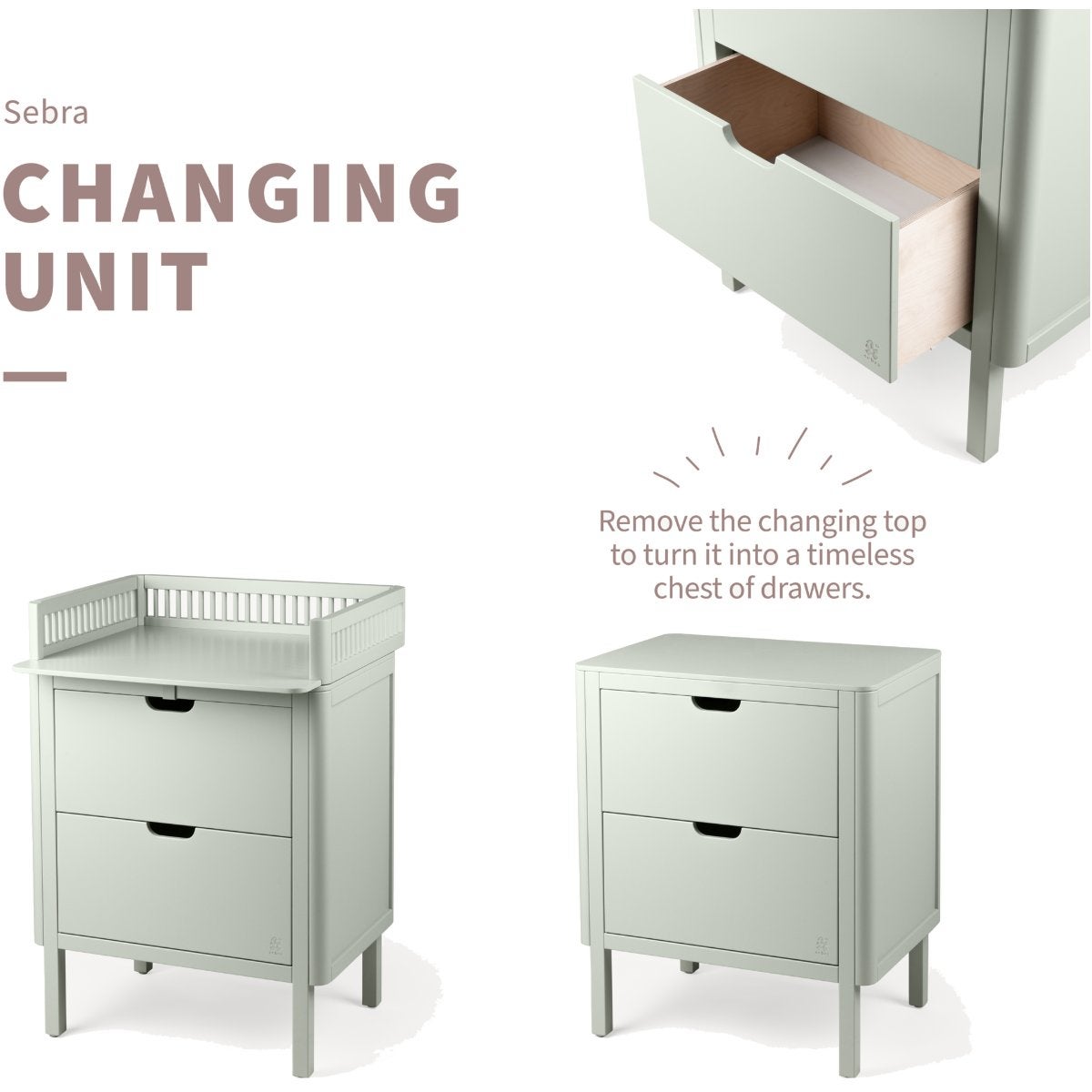 Sebra Puslebord med skuffer mist green