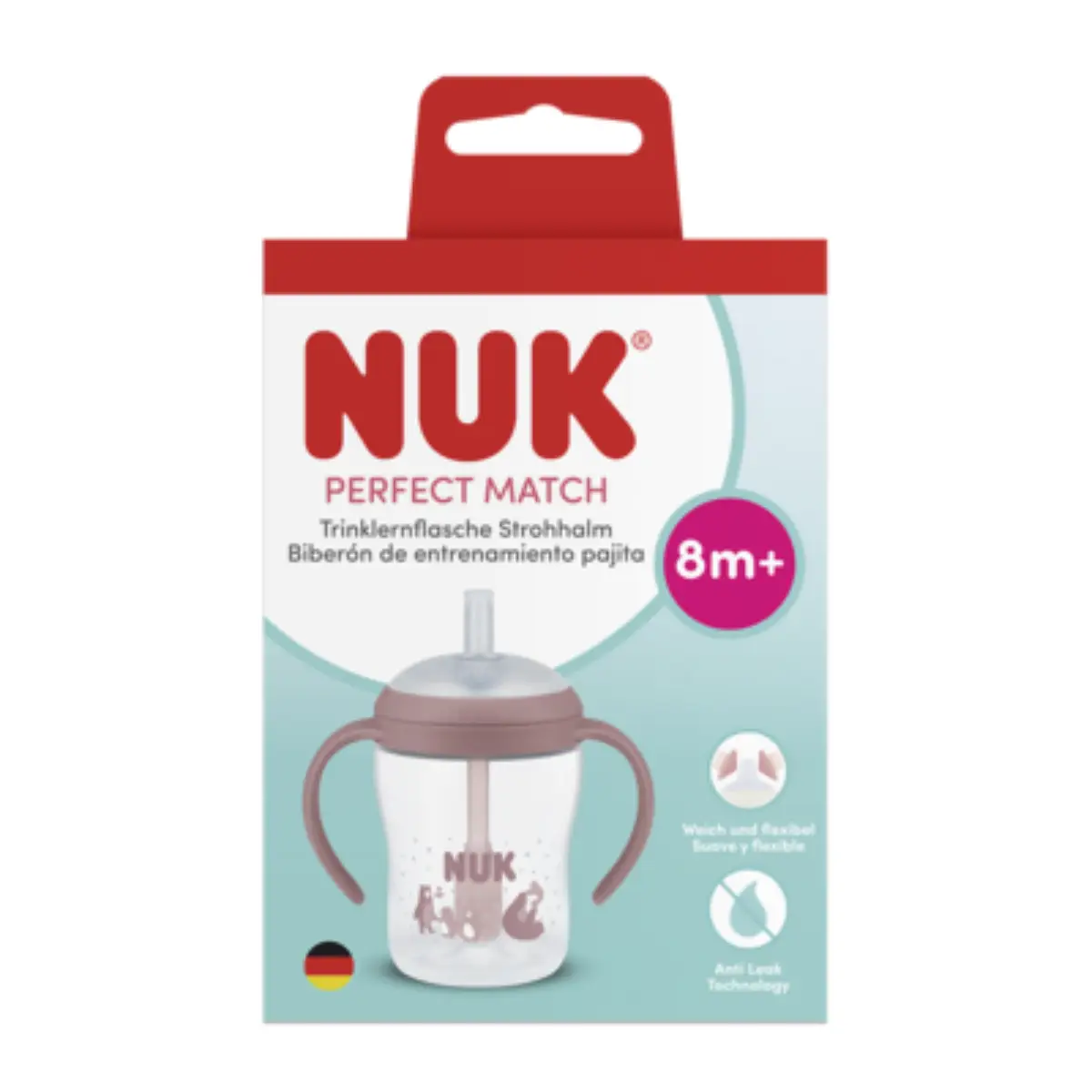 NUK Perfect Match-babyflaske med håndtag og sugerør, 150 ml, bjørn, 8 måneder+