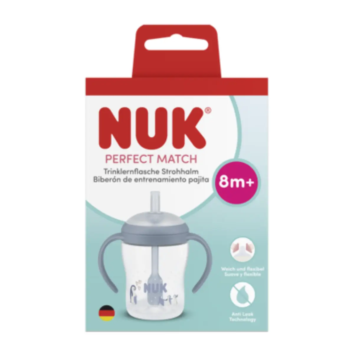 NUK Perfect Match-babyflaske med håndtag og sugerør, 150 ml, pingvin, 8 måneder+