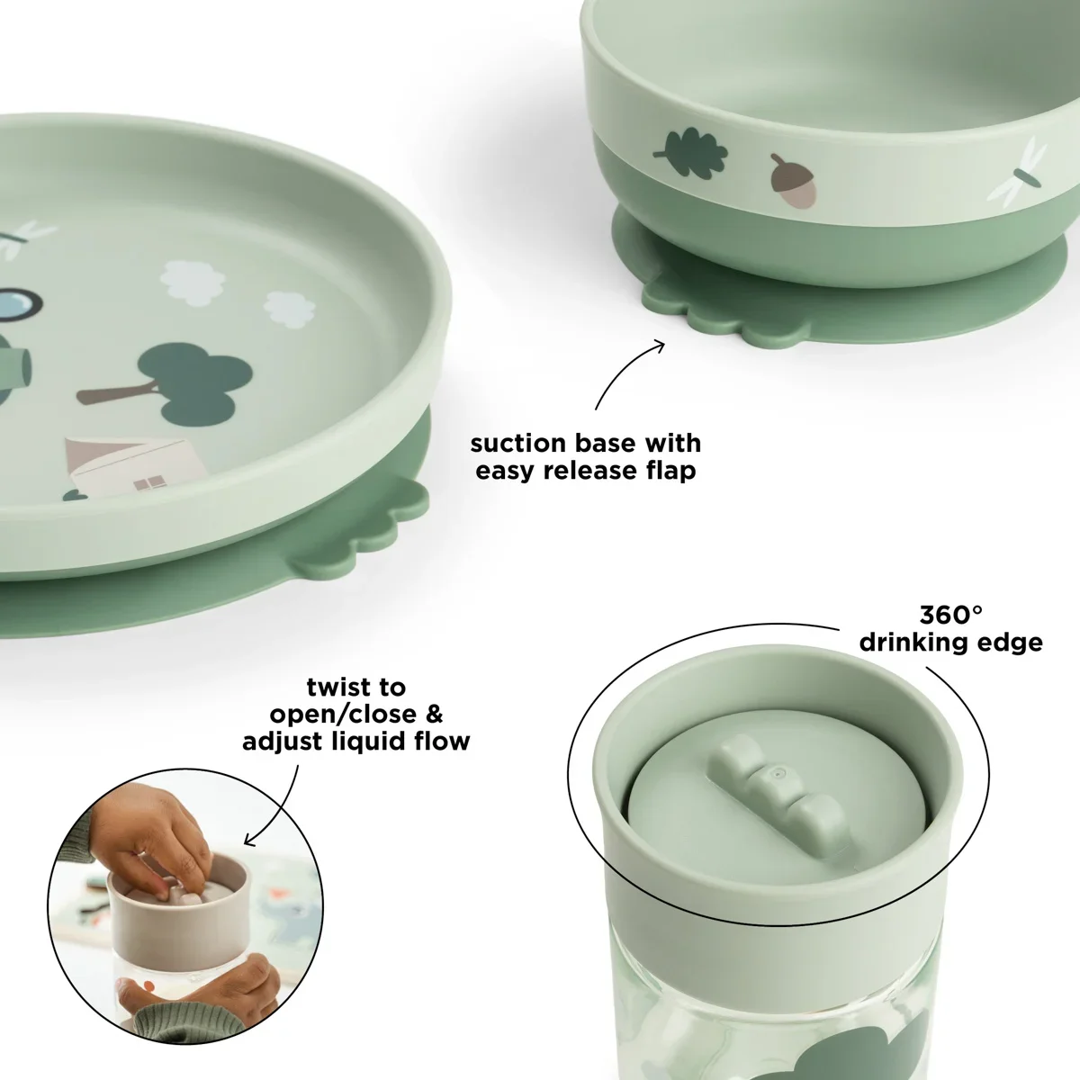 Done by Deer Foodie-spisesæt med 360-graders kop – Tiny Trails Green