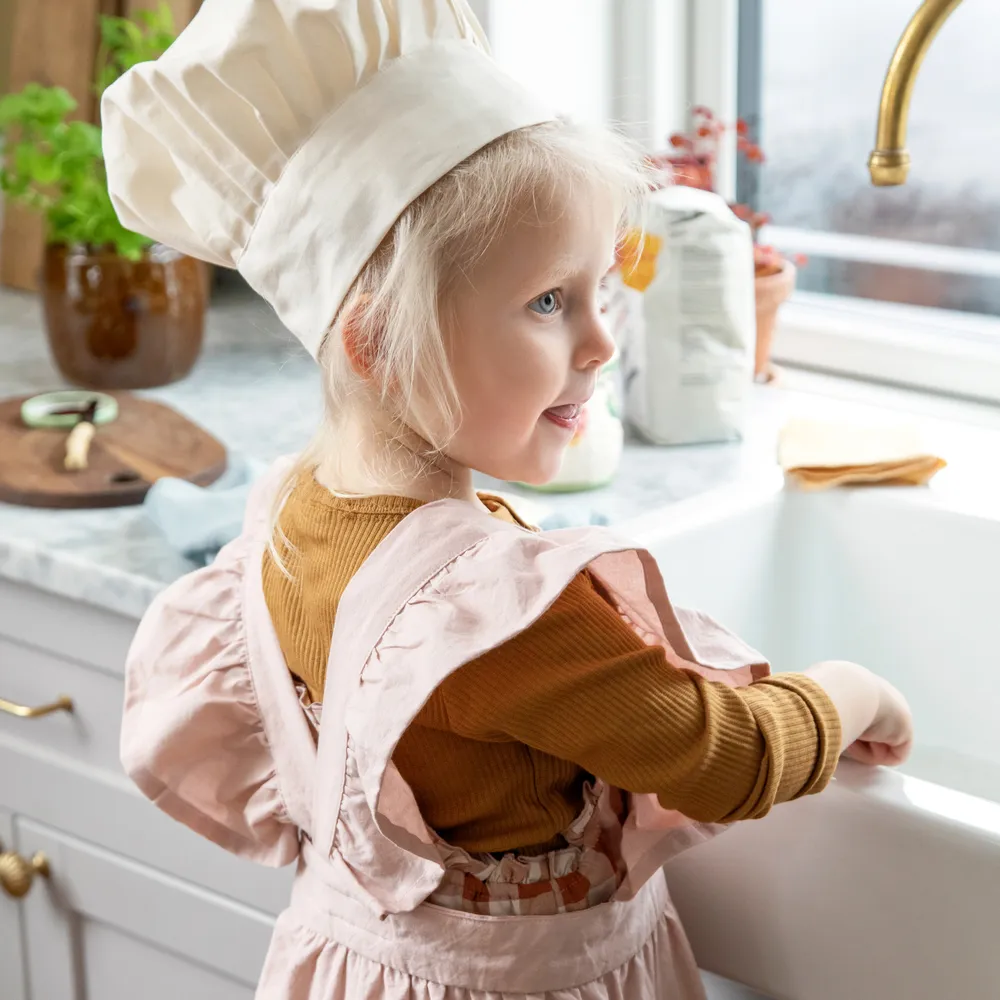 Sebra forklæde- & kokkehuesæt – Dusty pink/White